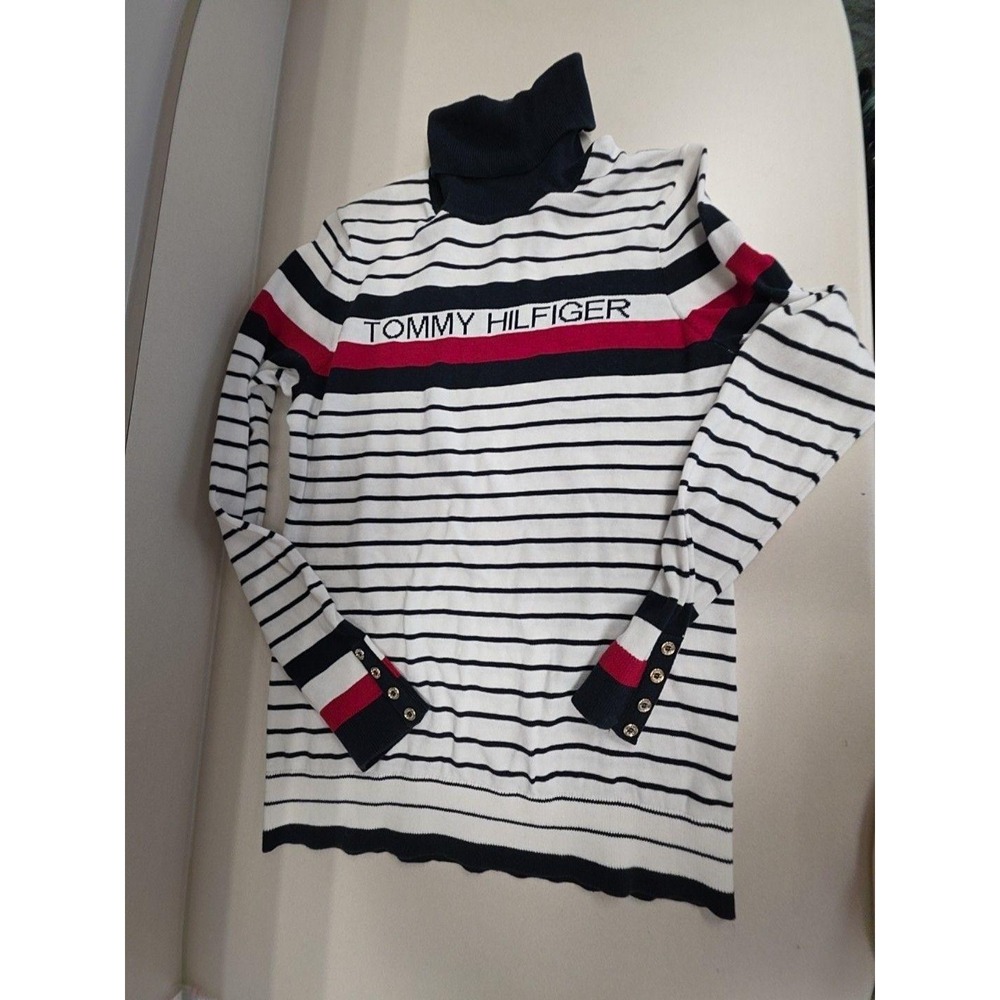 Tommy Hilfiger Sweater Womens M White Striped Turtleneck Logo Button Cuff Knit
